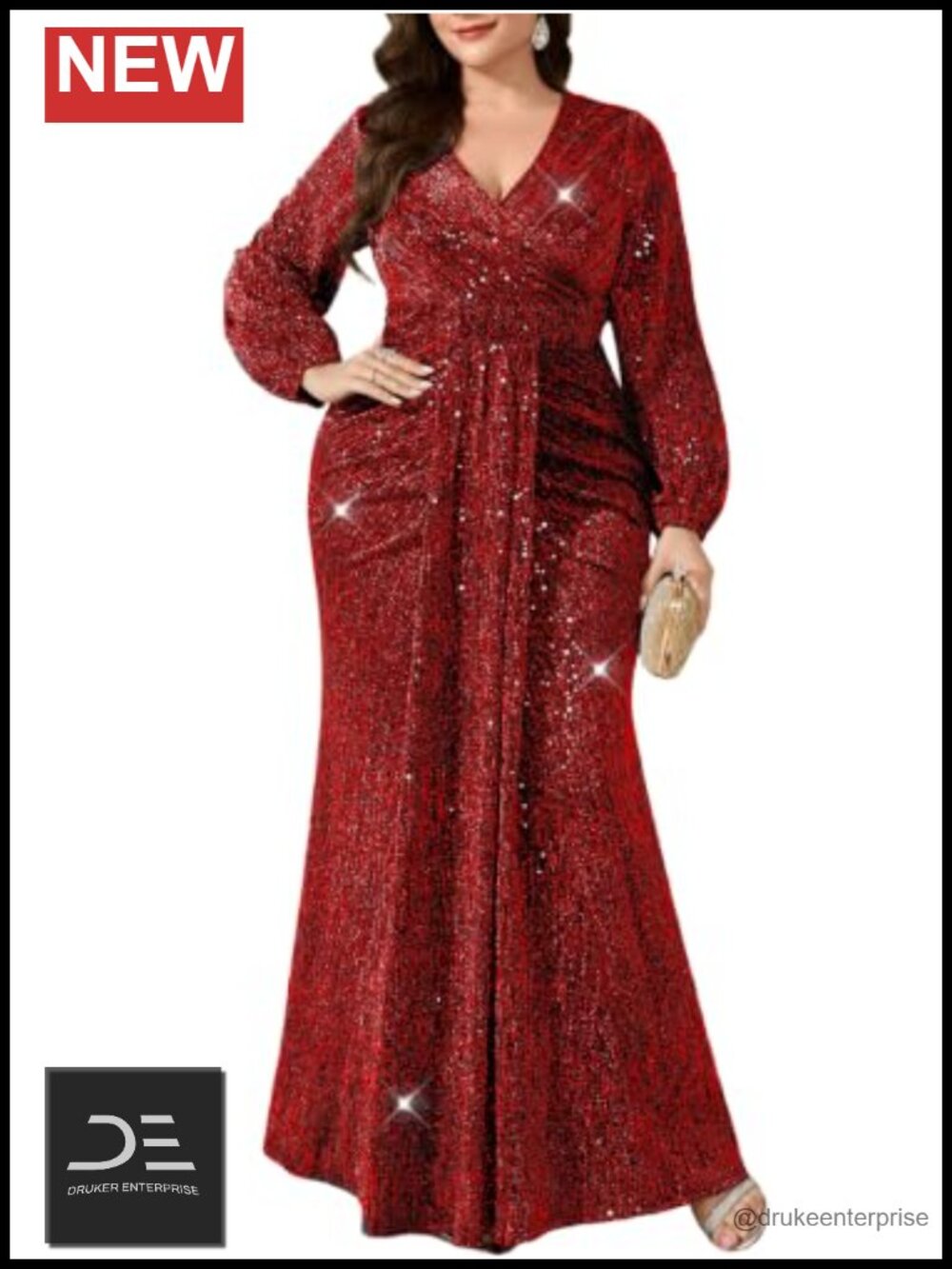 Plus Size Formal Sequin Gown Long Puff Sleeve Mermaid Dress